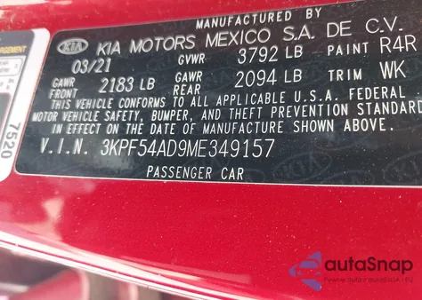 2021 Kia Forte Ex z USA, uszkodzony, nr VIN 3KPF54AD9ME349157